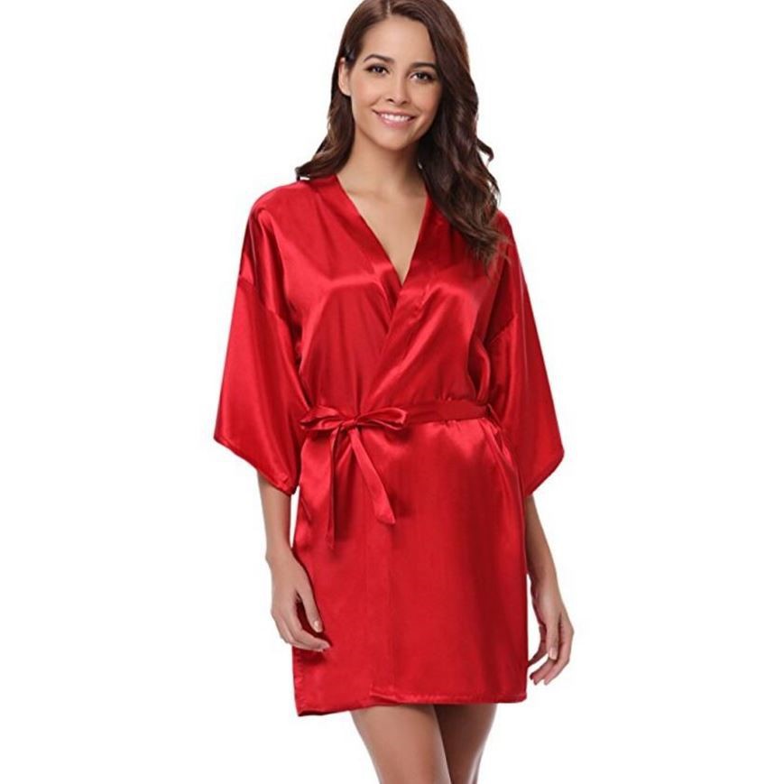 Bata Kimono con Efecto Satinado y Cierre de Lazo Ajustable - Rojo