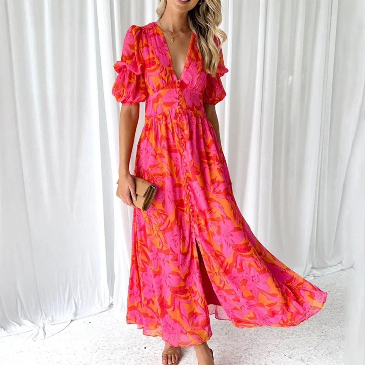 Vestido Largo de Mujer con Escote en V, Manga Corta y Estampado Floral - Rojo