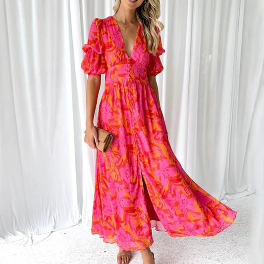 Vestido Largo de Mujer con Escote en V, Manga Corta y Estampado Floral - Rojo