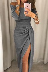 Vestido Midi Mujer con Escote Bardot Mangas Tres Cuartos Cintura Entallada y Abertura Drapeada