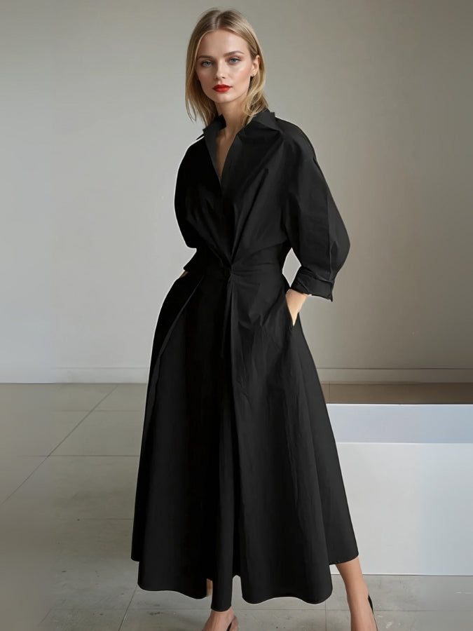 Vestido Midi Mujer Cuello Camisero en V Mangas Tres Cuartos Plisado con Cintura Entallada y Bolsillos - Negro