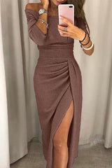 Vestido Midi Mujer con Escote Bardot Mangas Tres Cuartos Cintura Entallada y Abertura Drapeada