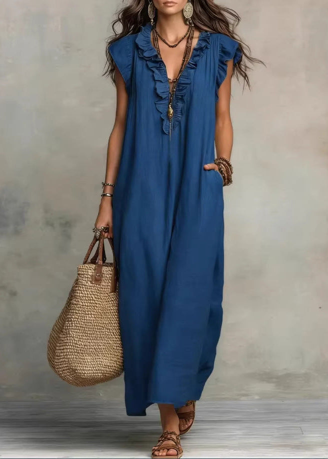 Vestido de Mujer Sin Mangas Línea A con Volantes y Bolsillos Laterales - Azul