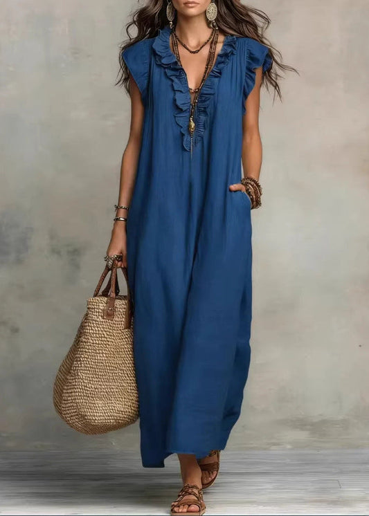 Vestido de Mujer Sin Mangas Línea A con Volantes y Bolsillos Laterales - Azul