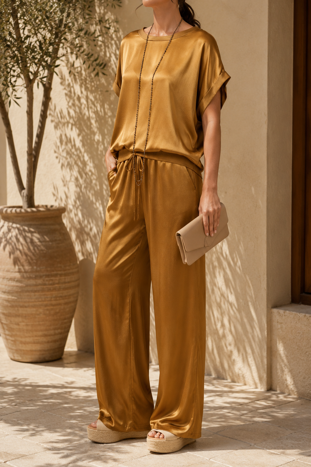 Conjunto de Mujer Top Holgado y Pantalón de Pernera Ancha con Cordón - Marrón