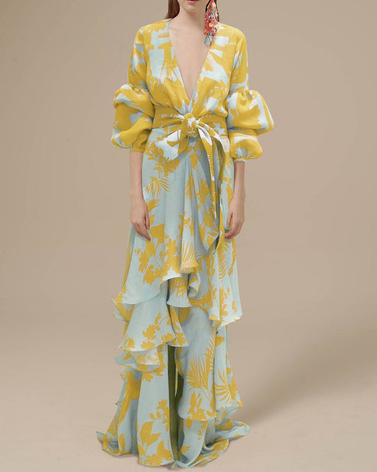 Vestido Largo Cruzado para Mujer con Estampado Floral, Escote en V y Volantes - Amarillo