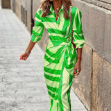 Vestido Largo de Mujer con Estampado de Rayas, Cuello de Camisa y Nudo Frontal