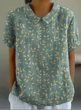 Blusa de Mujer de Manga Corta con Estampado de Hojas y Cuello