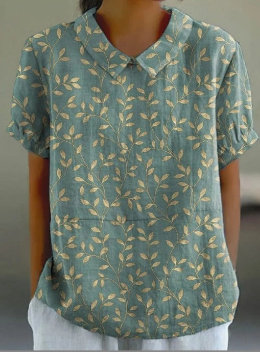 Blusa de Mujer de Manga Corta con Estampado de Hojas y Cuello - Verde