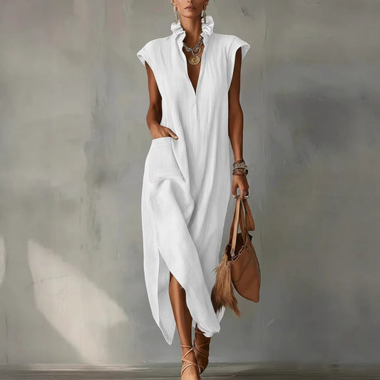 Vestido Camisero Sin Mangas para Mujer con Cuello en V y Corte Amplio - Blanco