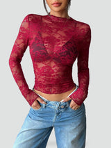 Blusa de Mujer de Encaje Floral Transparente con Manga Larga