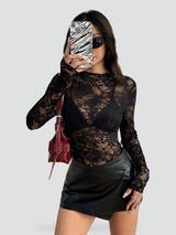 Blusa de Mujer de Encaje Floral Transparente con Manga Larga