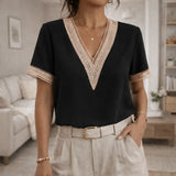 Blusa de Mujer con Cuello en V y Detalles de Encaje