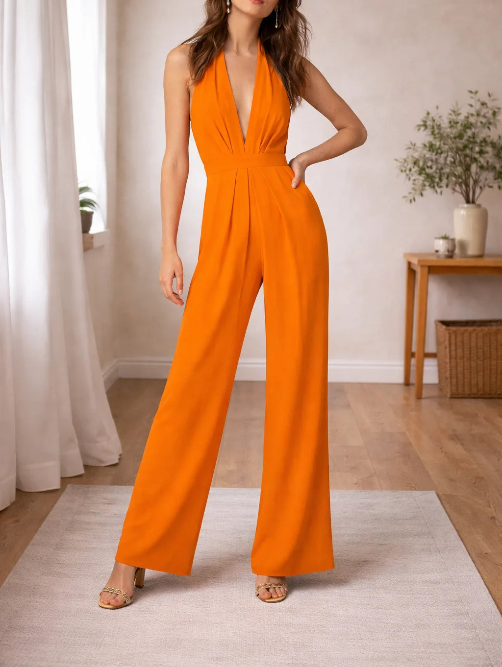 Mono de Mujer sin Mangas con Cuello Halter y Pernera Ancha - Naranja