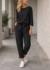 Conjunto de Dos Piezas para Mujer con Top de Manga Larga y Pantalón de Talle Alto con Cinturón