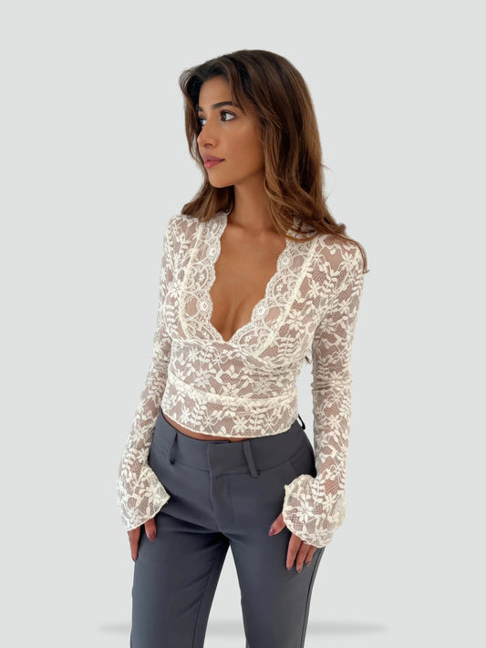 Top de Mujer de Encaje con Escote en V y Manga Larga - Blanco