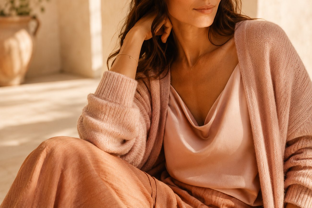 Mujer con un vestido de lino color crema bajo una luz natural suave