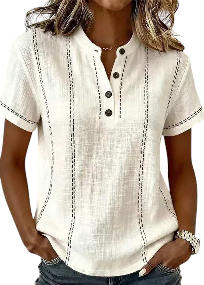 Blusa de Mujer de Manga Corta con Cuello Mao y Escote en V