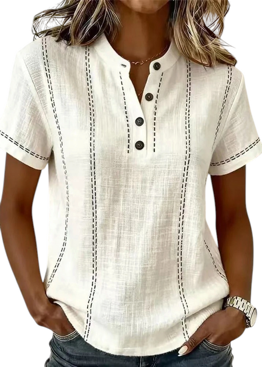 Blusa de Mujer de Manga Corta con Cuello Mao y Escote en V