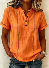 Blusa de Mujer de Manga Corta con Cuello Mao y Escote en V