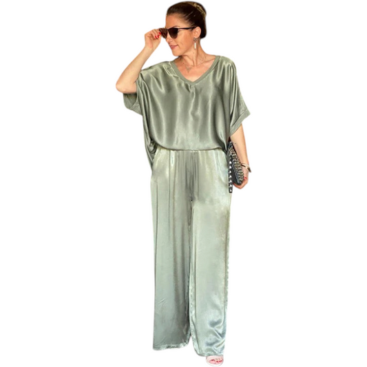 Conjunto Mujer de Dos Piezas Top con Escote en V y Pantalón de Pierna Ancha