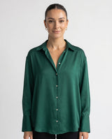 Blusa de Mujer de Satén con Corte Holgado, Cuello Clásico y Puños Abotonados