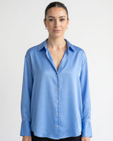 Blusa de Mujer de Satén con Corte Holgado, Cuello Clásico y Puños Abotonados