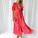 Vestido Largo de Mujer con Escote en V, Manga Corta y Estampado Floral