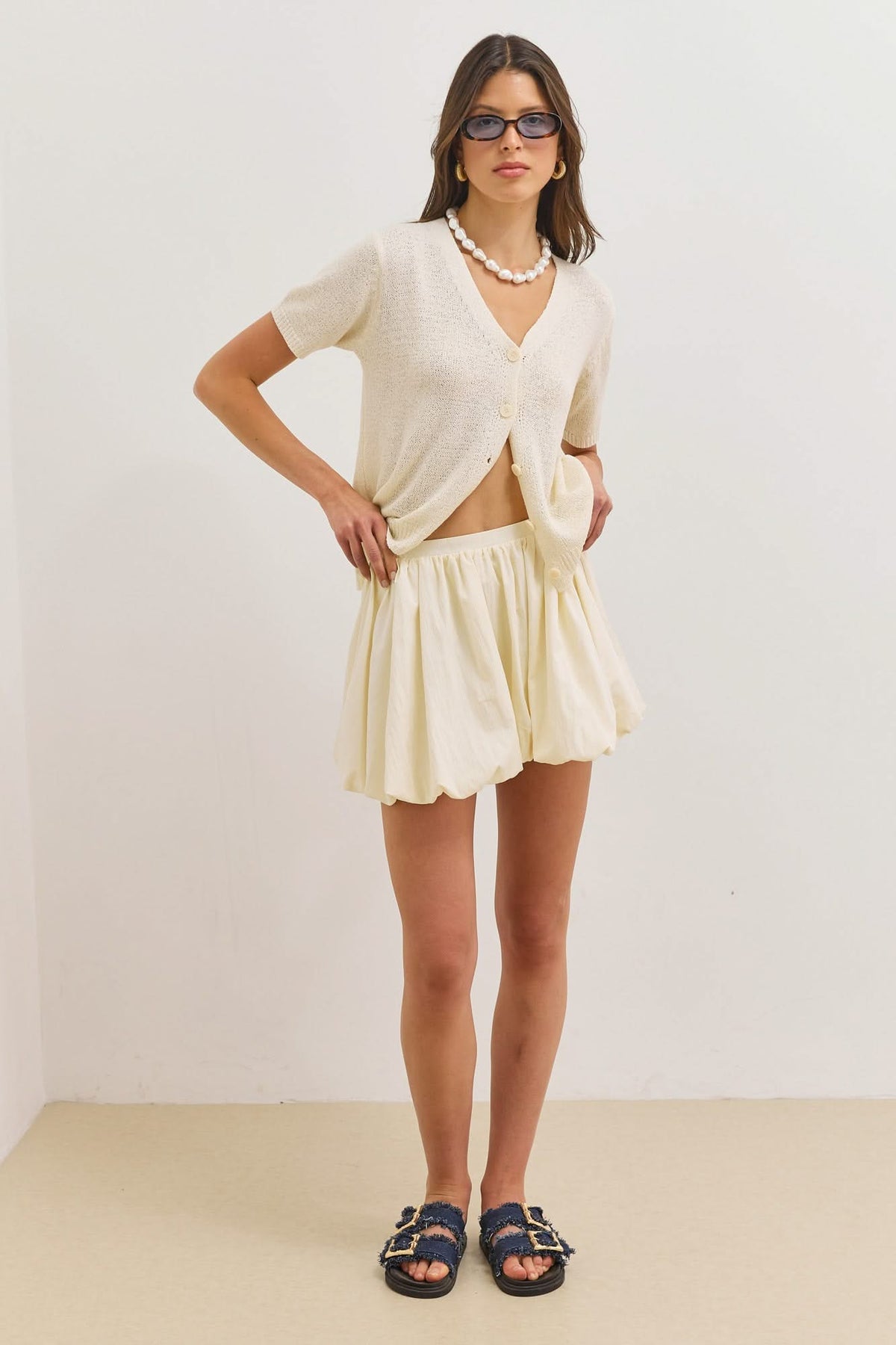 Cardigan Mujer Corte Corto Cuello en V Manga Corta con Botones y Punto Texturizado