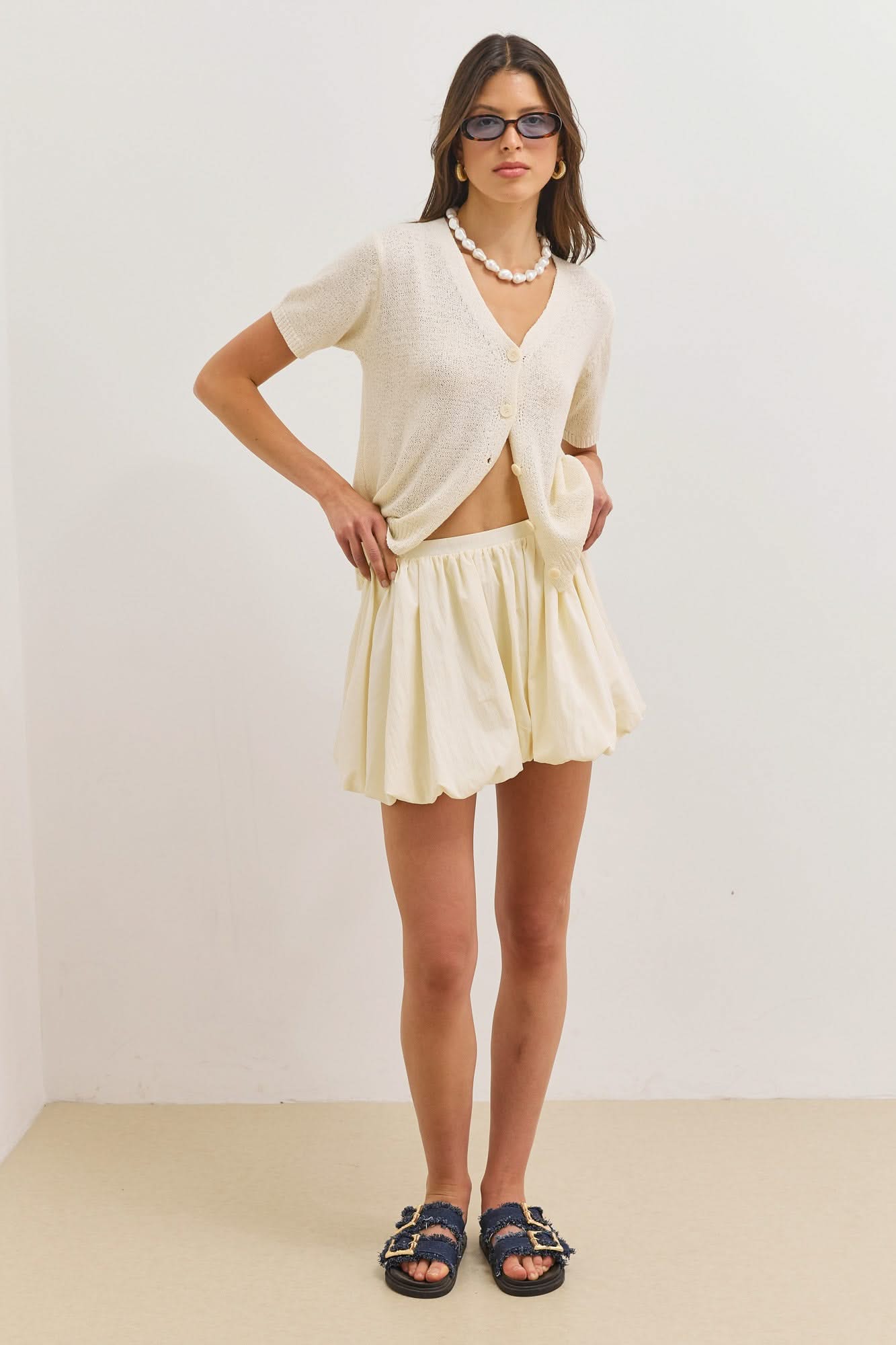 Cardigan Mujer Corte Corto Cuello en V Manga Corta con Botones y Punto Texturizado