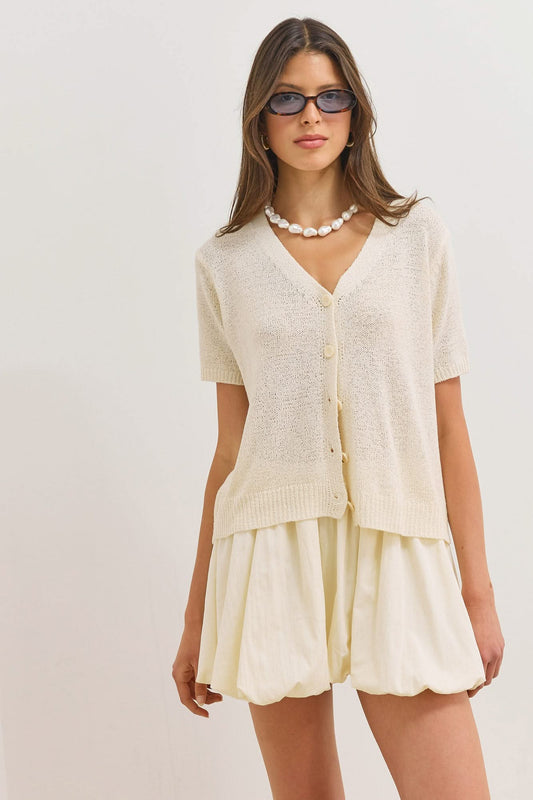Cardigan Mujer Corte Corto Cuello en V Manga Corta con Botones y Punto Texturizado