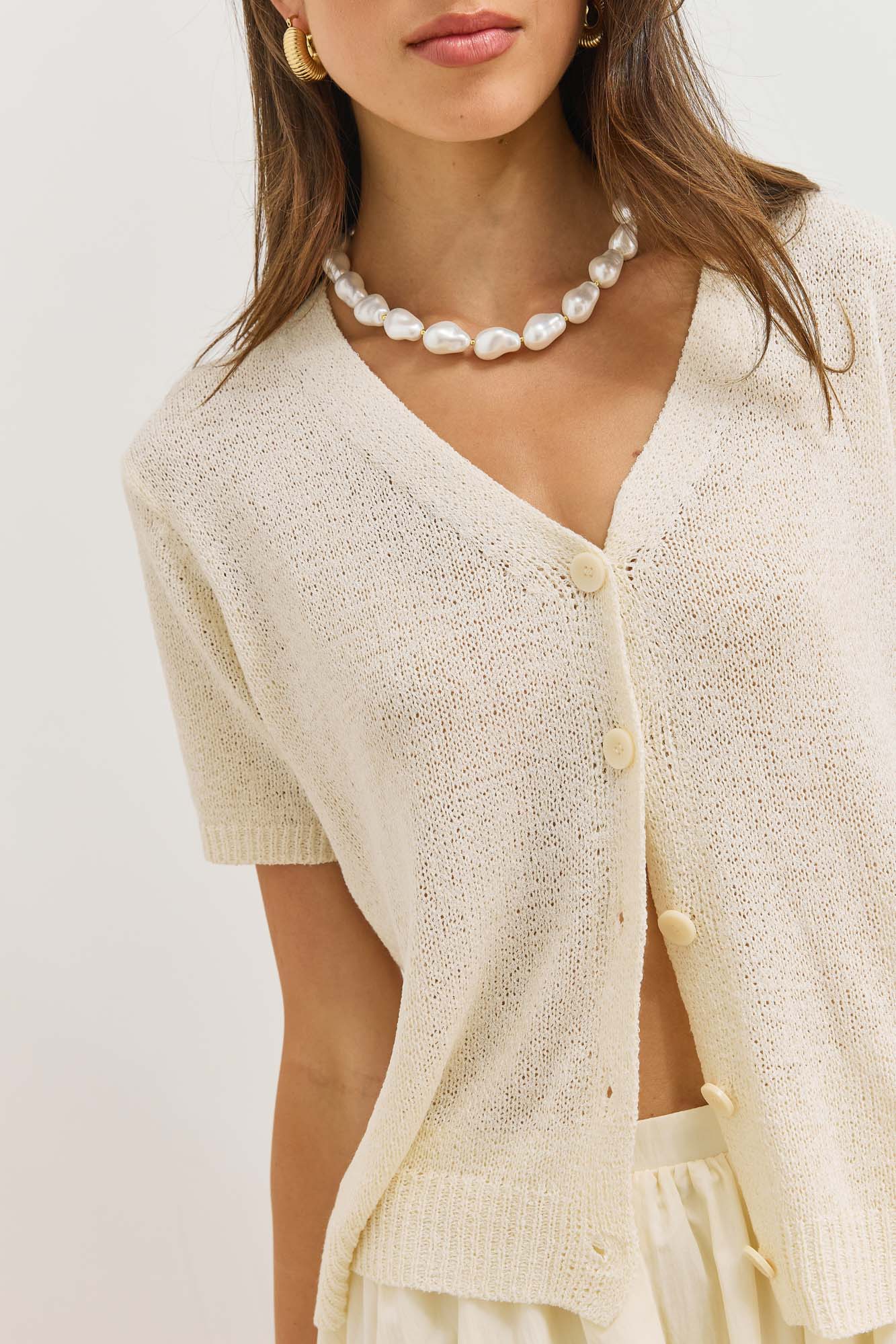 Cardigan Mujer Corte Corto Cuello en V Manga Corta con Botones y Punto Texturizado