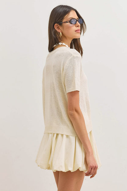 Cardigan Mujer Corte Corto Cuello en V Manga Corta con Botones y Punto Texturizado