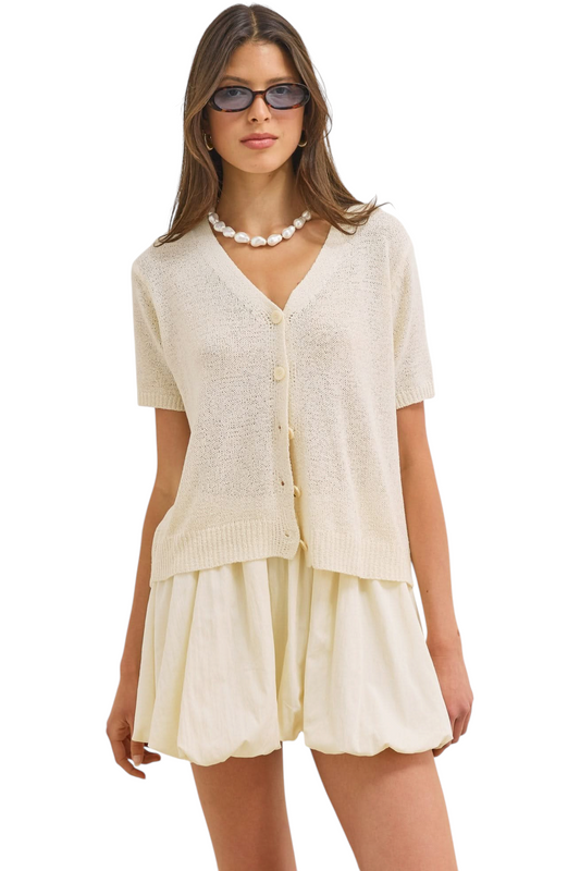 Cardigan Mujer Corte Corto Cuello en V Manga Corta con Botones y Punto Texturizado