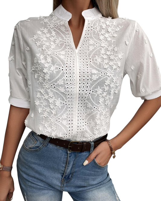 Blusa de Mujer con Cuello en V y Bordado Floral Calado