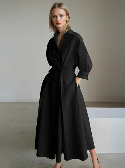 Vestido Midi Mujer Cuello Camisero en V Mangas Tres Cuartos Plisado con Cintura Entallada y Bolsillos