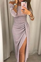 Vestido Midi Mujer con Escote Bardot Mangas Tres Cuartos Cintura Entallada y Abertura Drapeada