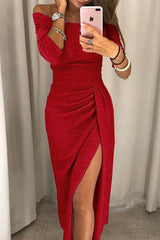 Vestido Midi Mujer con Escote Bardot Mangas Tres Cuartos Cintura Entallada y Abertura Drapeada
