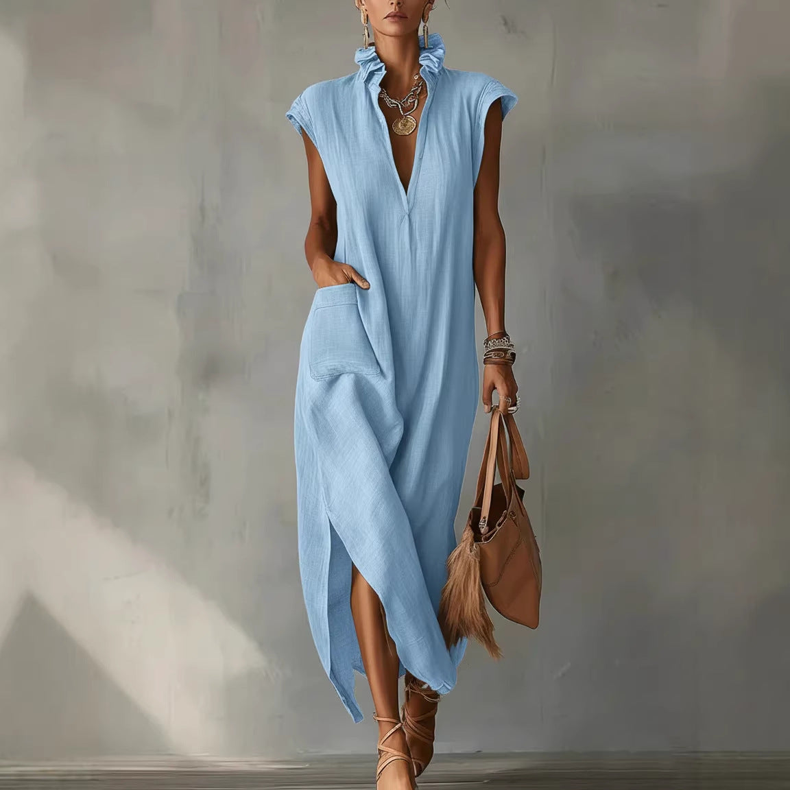 Vestido Camisero Sin Mangas para Mujer con Cuello en V y Corte Amplio - Celeste