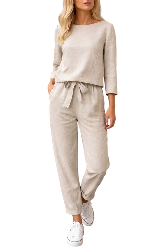 Conjunto de Dos Piezas para Mujer con Top de Manga Larga y Pantalón de Talle Alto con Cinturón