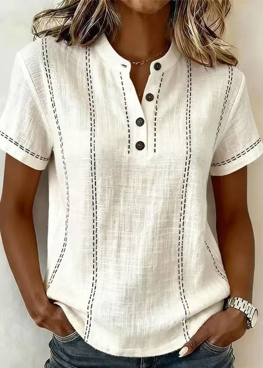 Blusa de Mujer de Manga Corta con Cuello Mao y Escote en V - Blanco