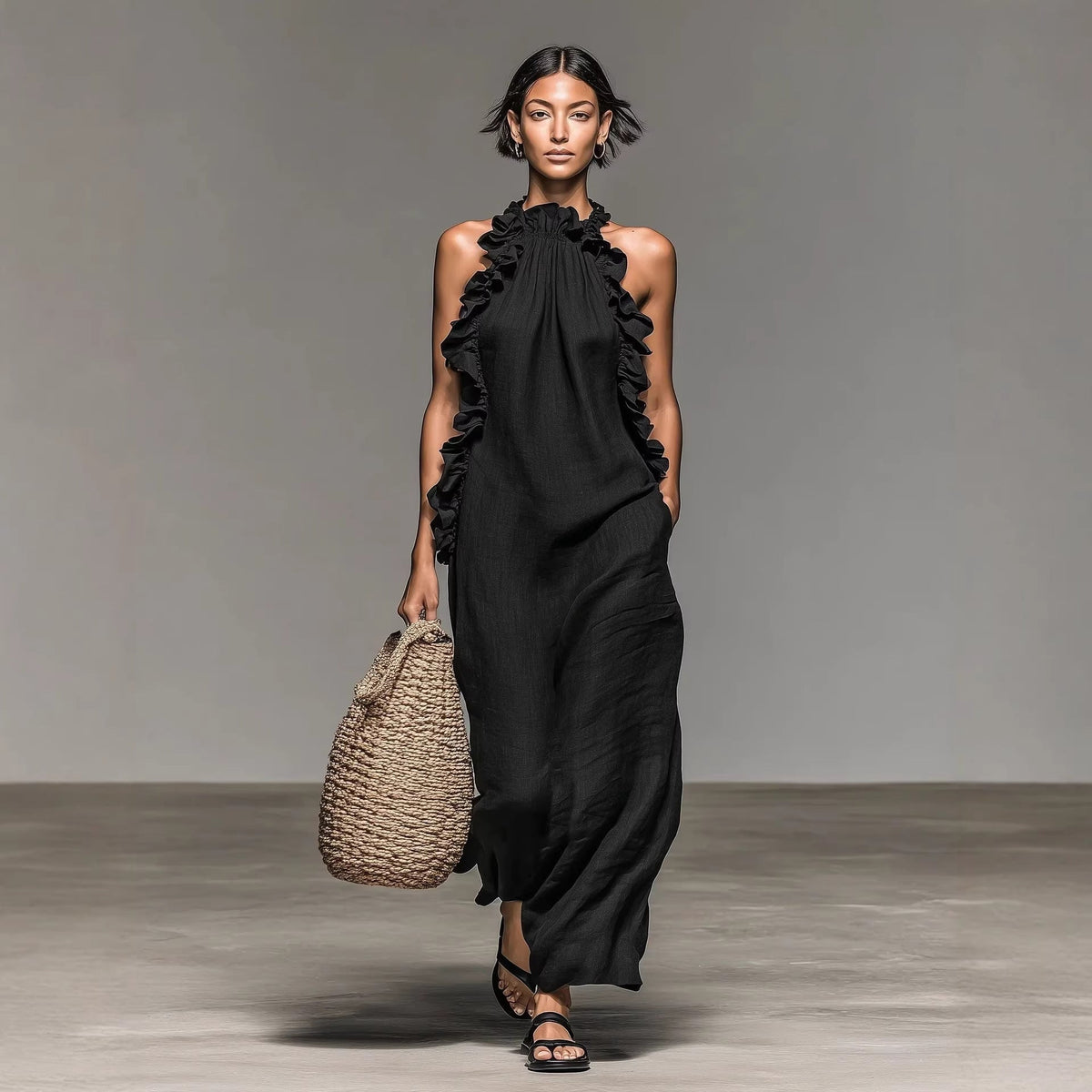 Vestido Largo de Mujer Sin Mangas con Cuello Halter, Espalda Descubierta y Volantes - Negro