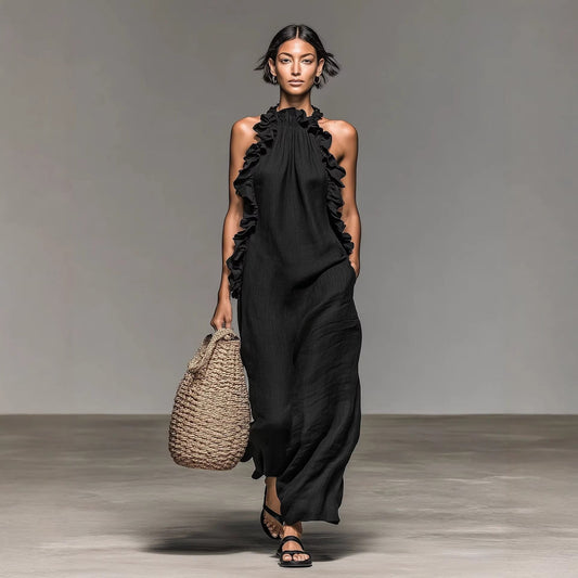 Vestido Largo de Mujer Sin Mangas con Cuello Halter, Espalda Descubierta y Volantes - Negro