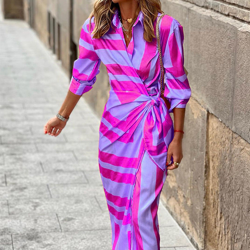Vestido Largo de Mujer con Estampado de Rayas, Cuello de Camisa y Nudo Frontal