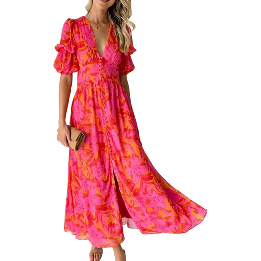 Vestido Largo de Mujer con Escote en V, Manga Corta y Estampado Floral