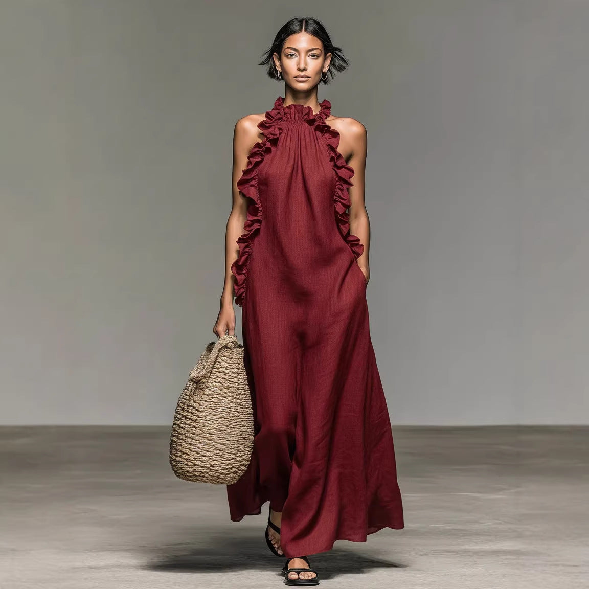 Vestido Largo de Mujer Sin Mangas con Cuello Halter, Espalda Descubierta y Volantes - Rojo teja