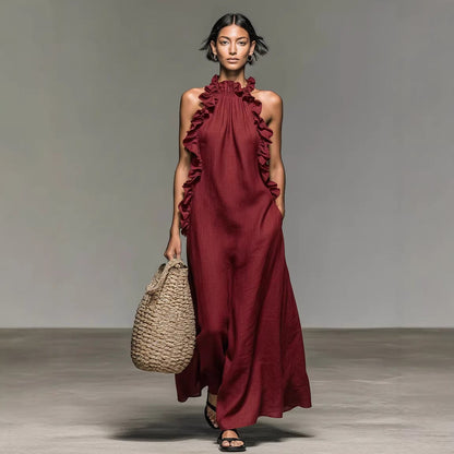 Vestido Largo de Mujer Sin Mangas con Cuello Halter, Espalda Descubierta y Volantes