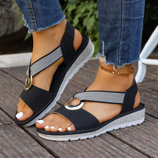 Sandalias de Mujer Punta Abierta con Detalle Metálico y Tiras Texturizadas - Negro
