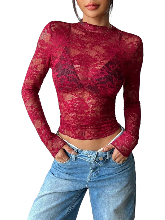 Blusa de Mujer de Encaje Floral Transparente con Manga Larga