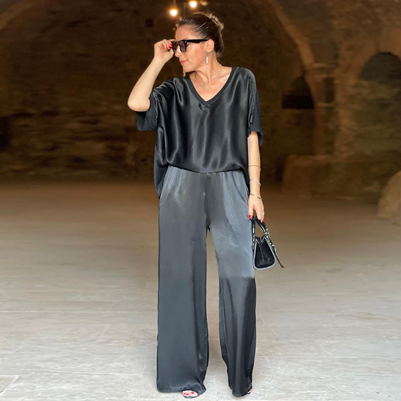 Conjunto Mujer de Dos Piezas Top con Escote en V y Pantalón de Pierna Ancha - Negro